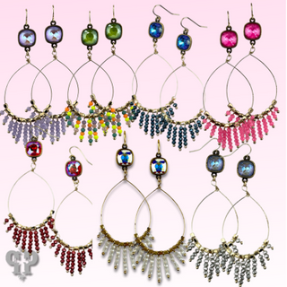 Faceted saucer bead fringe on teardrop earring, Austrian crystal