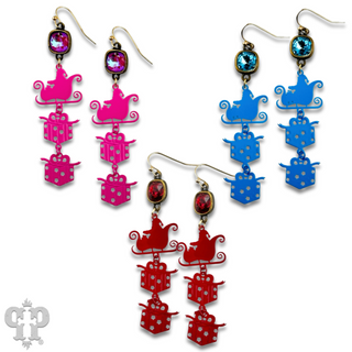 Santa's sleigh and gift earring with Austrian crystal