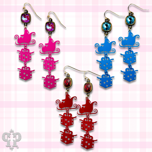 Santa's sleigh and gift earring with Austrian crystal
