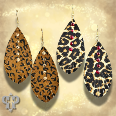 Leather animal print teardrop earring, Austrian crystals