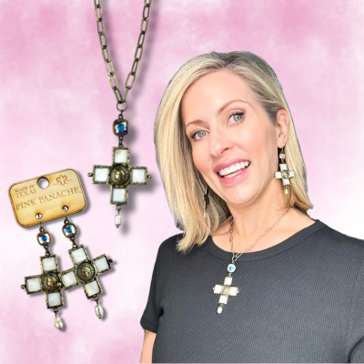 Iridescent pearl cross and coin necklace, Austrian crystal