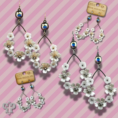 Iridescent pearl flower charm teardrop earring, Austrian crystal