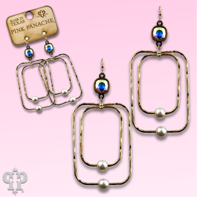 Gold double rectangle earring, Austrian crystal