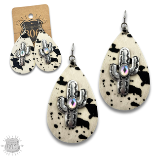Cow print and cactus teardrop earring