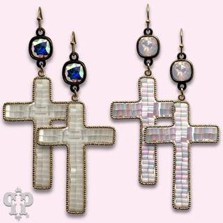 Seed bead wrapped cross earring, Austrian crystal