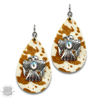 Cow print thunderbird teardrop earring, last call
