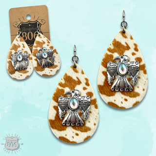 Cow print thunderbird teardrop earring, last call