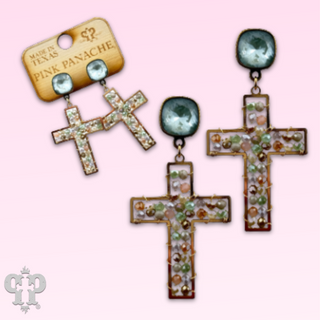 Faceted bead wrapped cross earring, Austrian crystal
