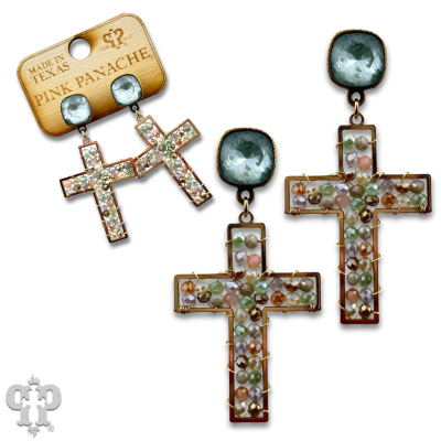 Faceted bead wrapped cross earring, Austrian crystal