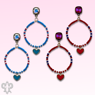 Enamel heart and seed bead earrings with Austrian crystal post