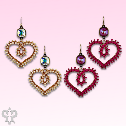 Bead wrapped scroll heart earrings with Austrian crystals
