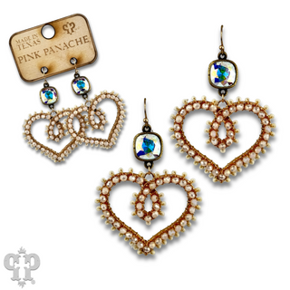 Bead wrapped scroll heart earrings with Austrian crystals