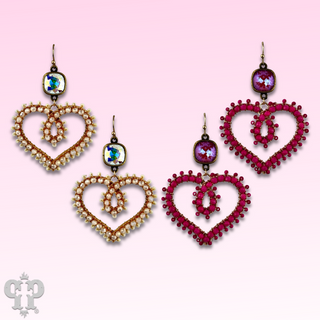 Bead wrapped scroll heart earrings with Austrian crystals