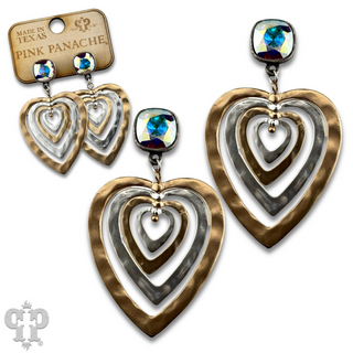 Two tone hammered heart earrings featuring Austrian crystal posts