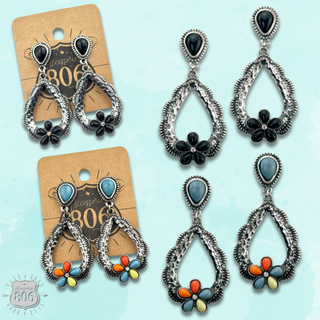 Stone flower open teardrop earring, last call