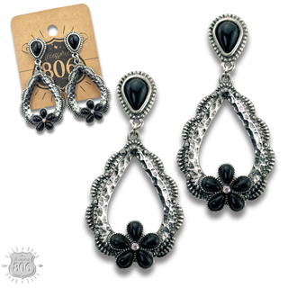 Stone flower open teardrop earring