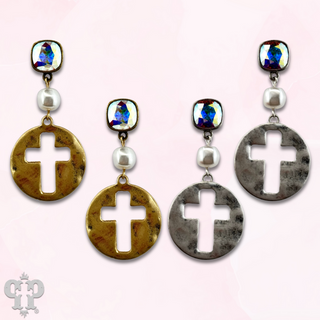 Cross medallion earring with Austrian crystal