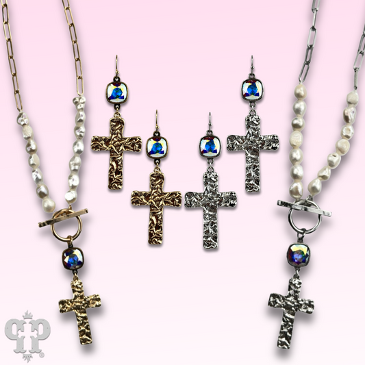 Foil square cross earring with Austrian crystal