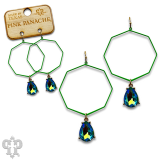 Neon octagon earring with rhinestone teardrop charm