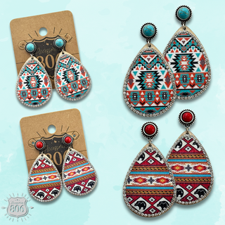 Western print wood teardrop earring, last call