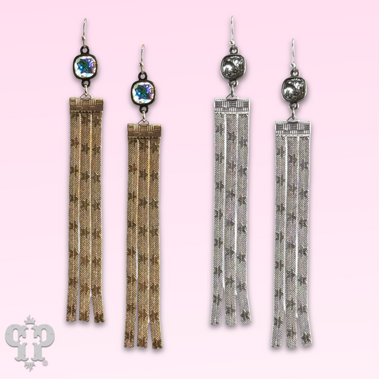 Star embossed mesh fringe earring, Austrian crystal