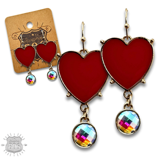 Enamel heart earring with rhinestone drop
