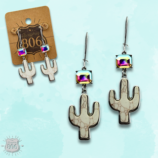 Western stone cactus earring with iridescent rhinestone