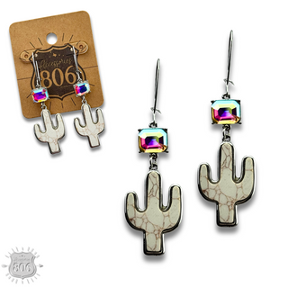 Western stone cactus earring with iridescent rhinestone
