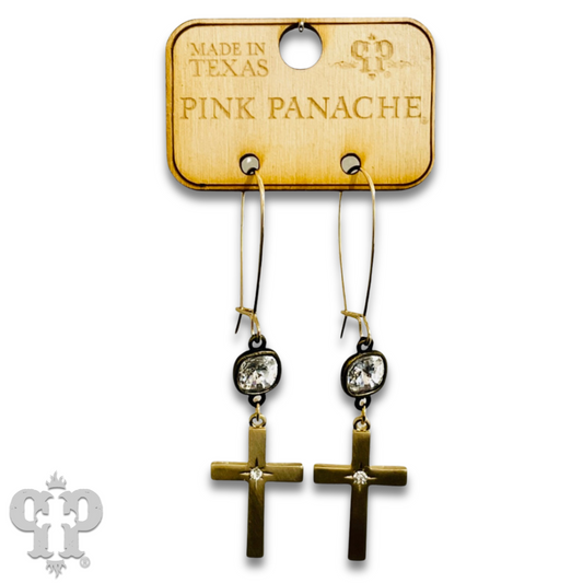 Brushed metal tone cross with Austrian crystal earring