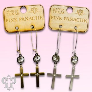 Brushed metal tone cross with Austrian crystal earring