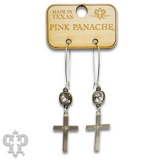 Brushed metal tone cross with Austrian crystal earring