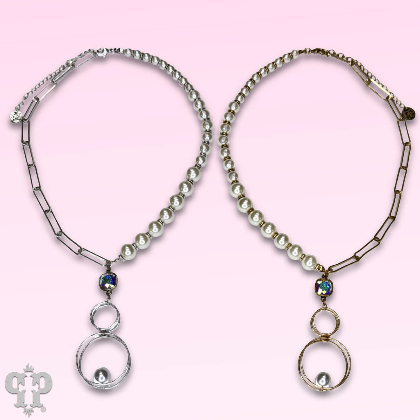Pearl and paperclip chain necklace with Austrian crystal