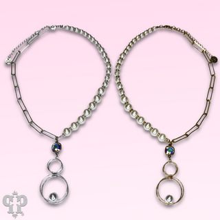 Pearl and paperclip chain necklace with Austrian crystal