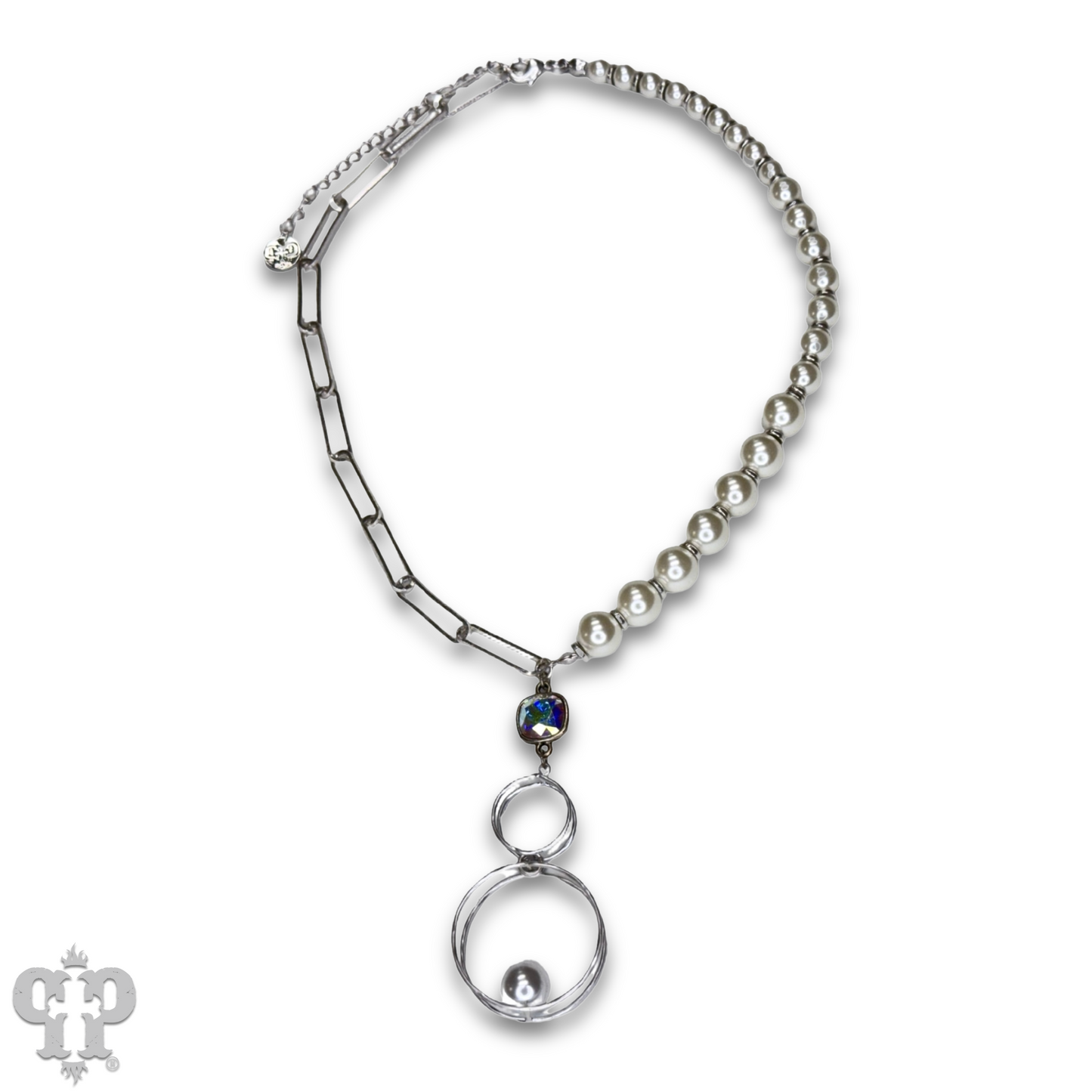 Pearl and paperclip chain necklace with Austrian crystal