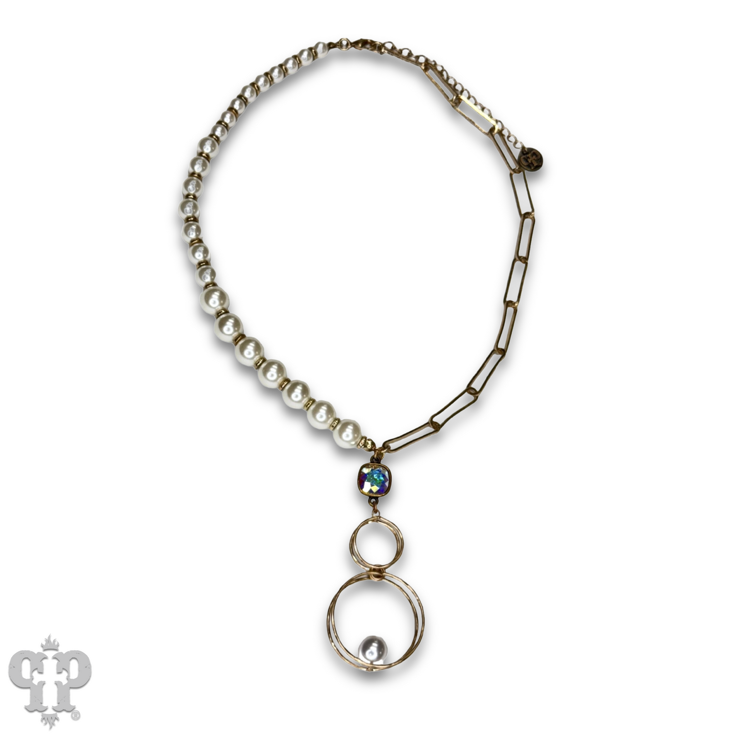 Pearl and paperclip chain necklace with Austrian crystal