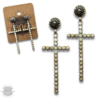 Western wood bead cross earring
