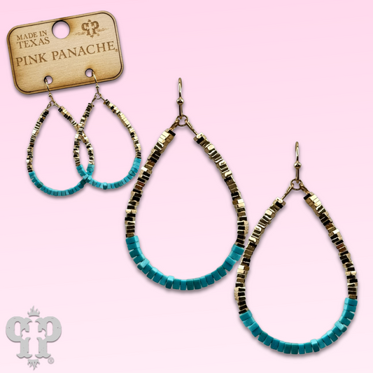 Gold and turquoise square bead teardrop earring