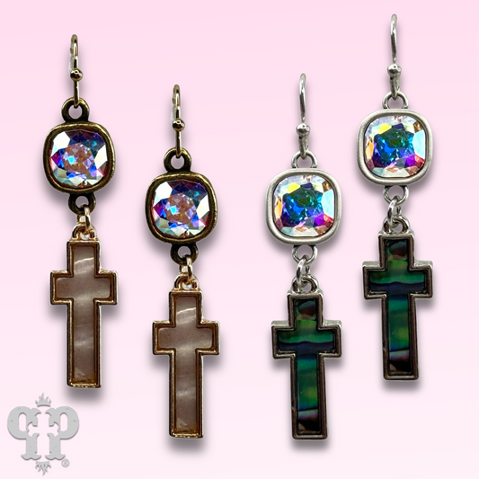 Pearl finish cross charm earring with Austrian crystal