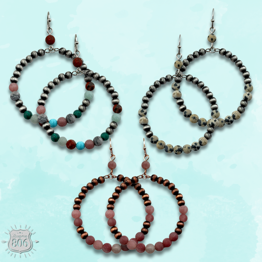 Burnished bead and stone circle earring