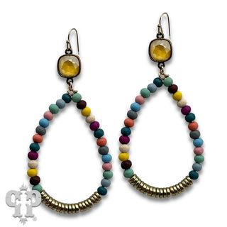 Wood and gold disc bead teardrop earring with crystals from Swarovski®, last call