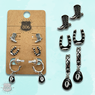 Western silver charm and post earring set - LC