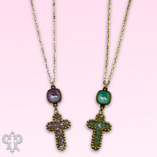 Wire wrapped bead cross necklace with Austrian crystal