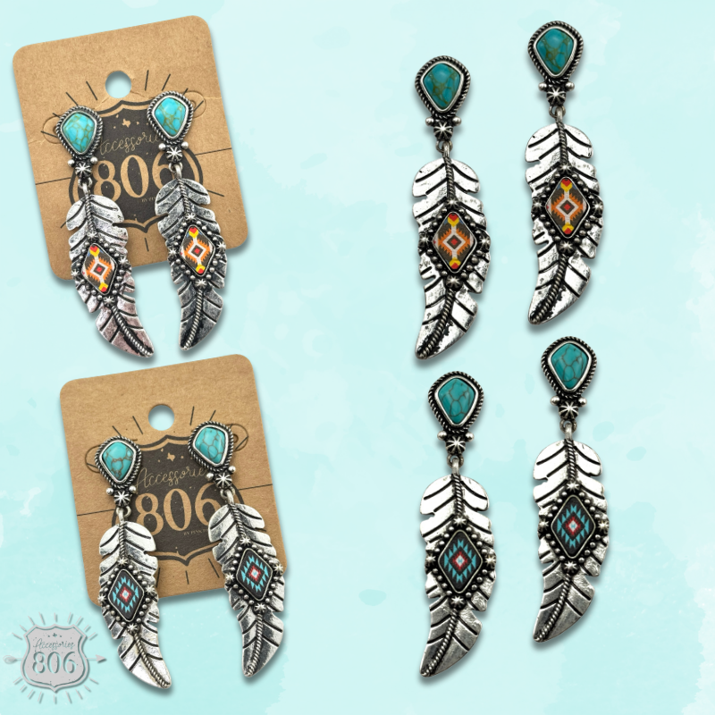 Silver feather on stone post earring