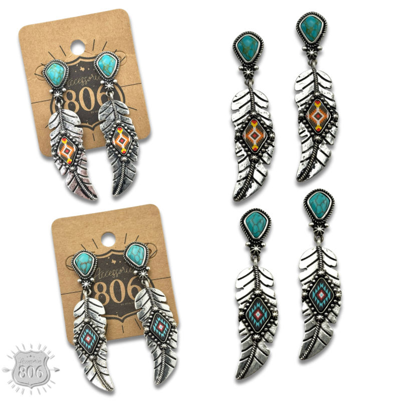Silver feather on stone post earring