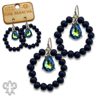 Round wood bead circle earring with rhinestone teardrop charm - LC