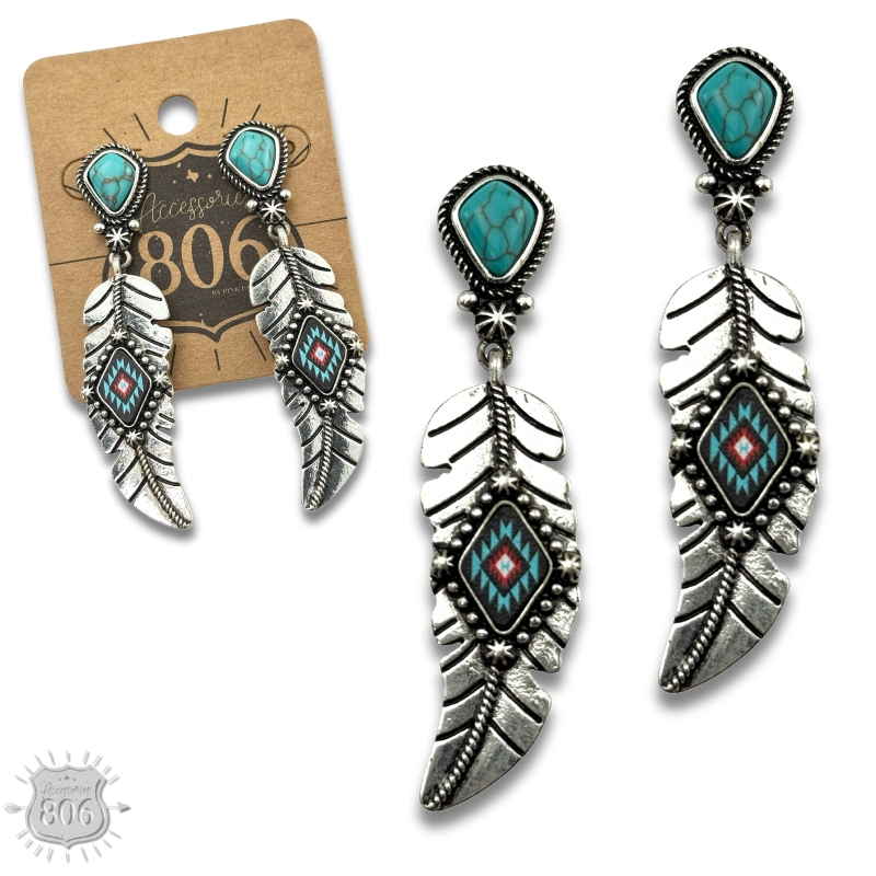 Silver feather on stone post earring