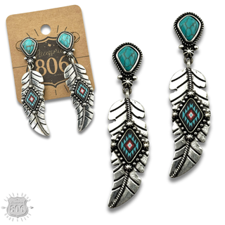 Silver feather on stone post earring