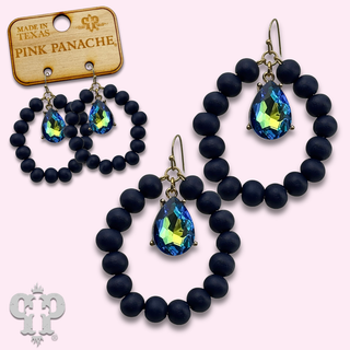 Round wood bead circle earring with rhinestone teardrop charm - LC