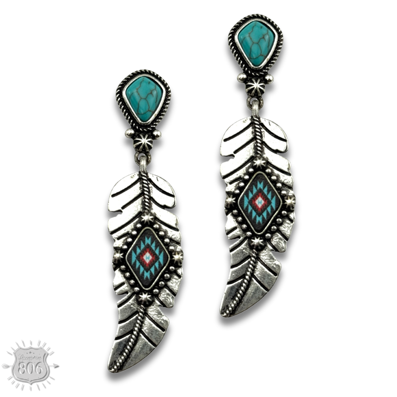 Silver feather on stone post earring
