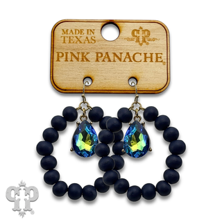 Round wood bead circle earring with rhinestone teardrop charm - LC
